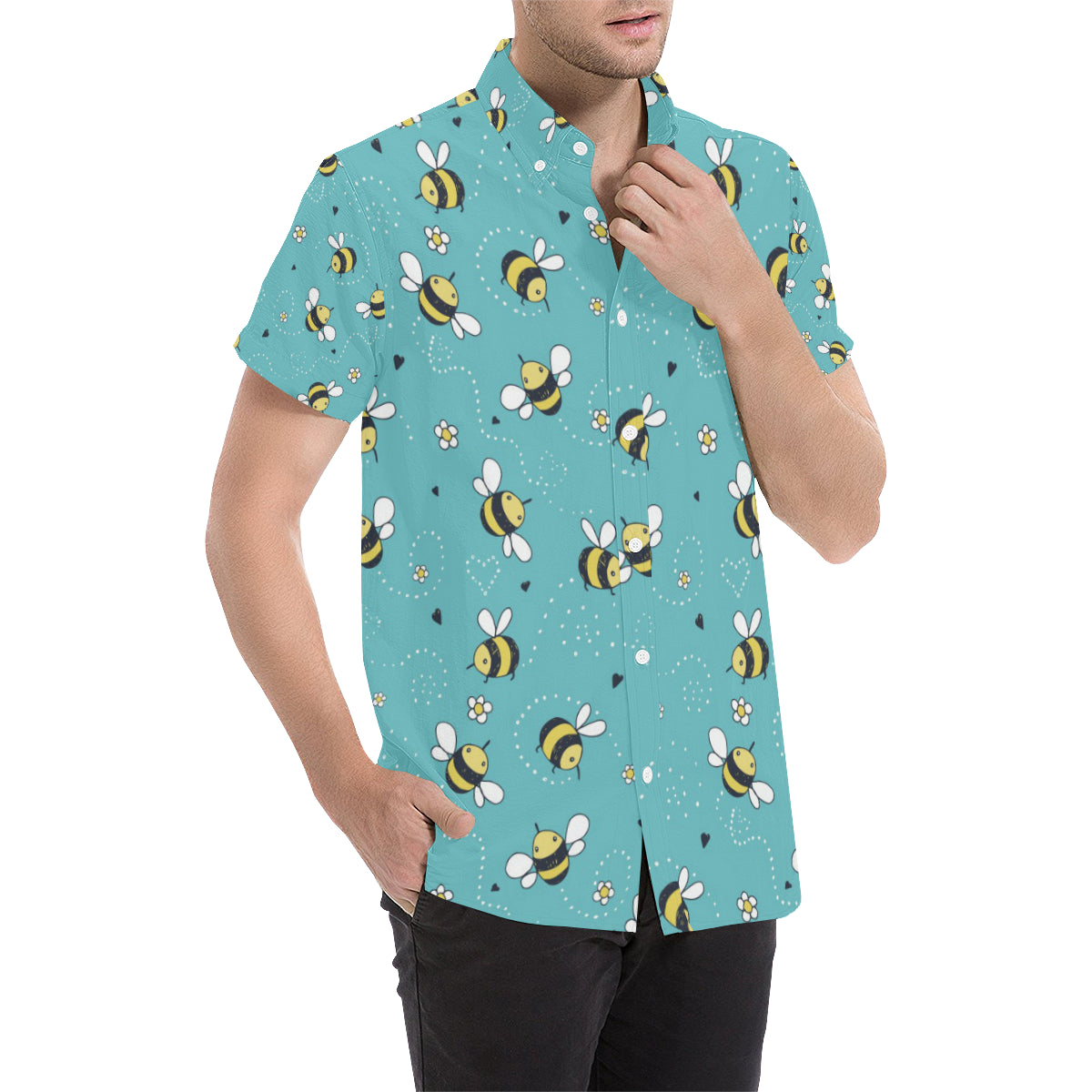Bee Pattern Print Design BEE02 Men's Short Sleeve Button Up Shirt