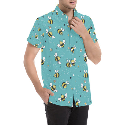 Bee Pattern Print Design BEE02 Men's Short Sleeve Button Up Shirt