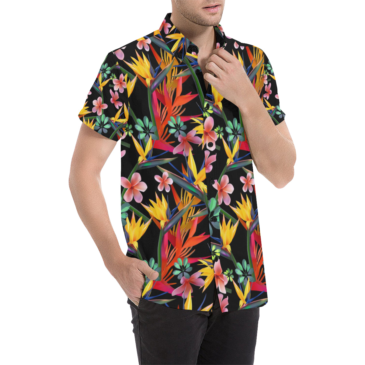 Tropical Flower Pattern Print Design TF015 Men's Short Sleeve Button Up Shirt