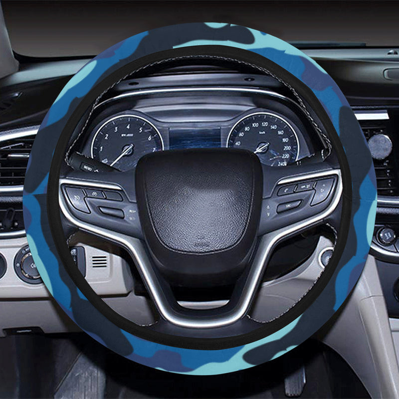 Camo Blue Pattern Print Design 04 Steering Wheel Cover with Elastic Edge