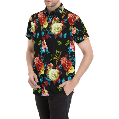 Peony Pattern Print Design PE07 Men's Short Sleeve Button Up Shirt