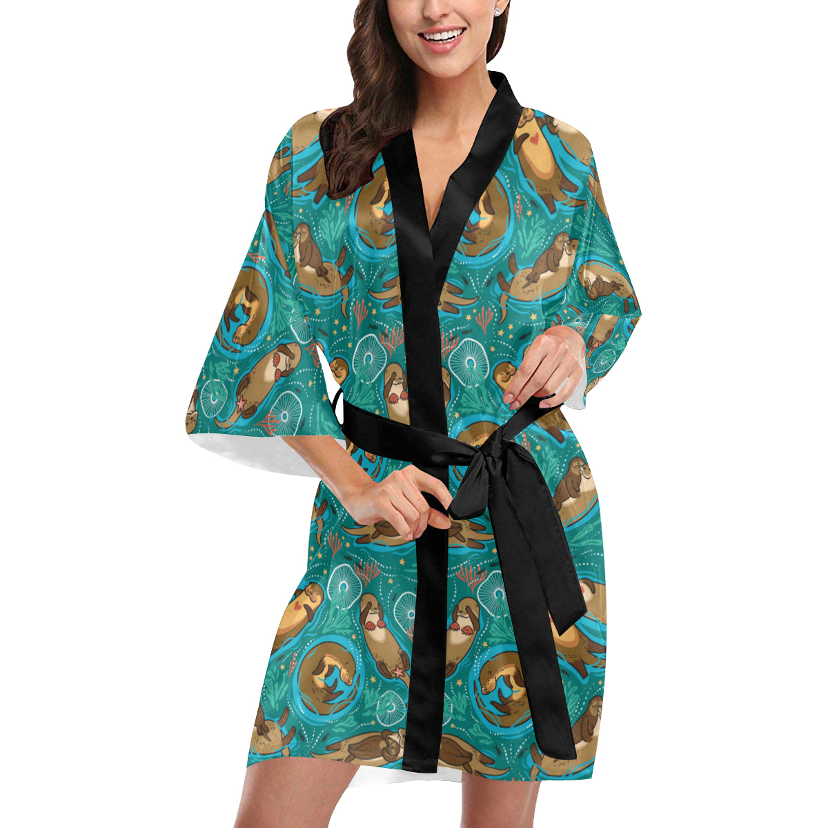 Sea Otter Pattern Print Design 01 Women's Short Kimono