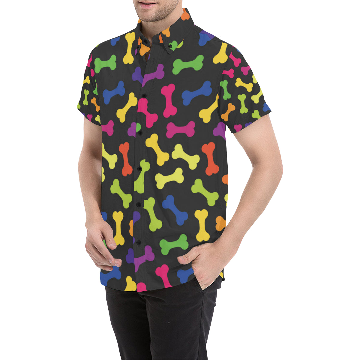 Dog Bone Neon Color Pattern Print Design 02 Men's Short Sleeve Button Up Shirt