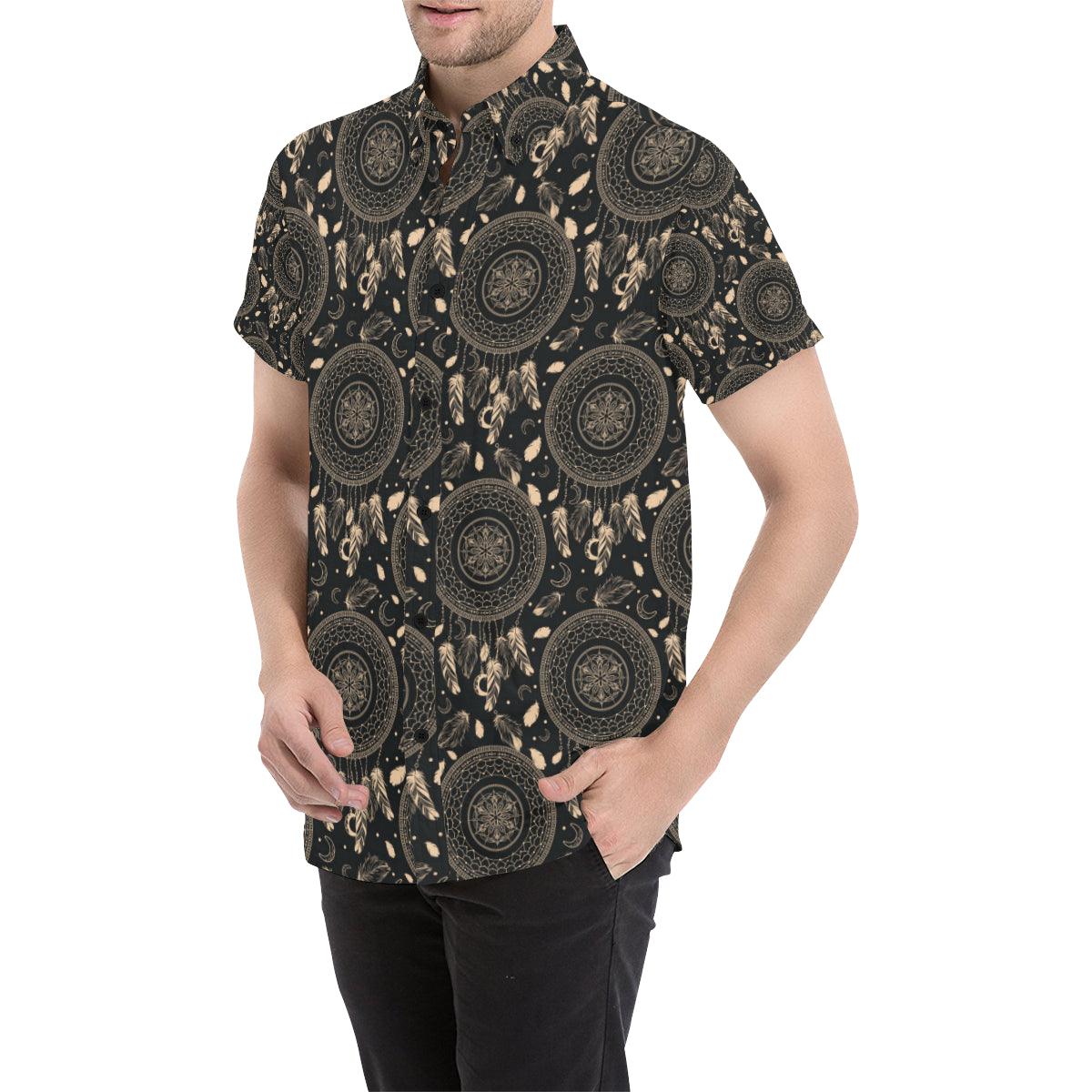 Dream Catcher Mandala Boho Moon Men's Short Sleeve Button Up Shirt
