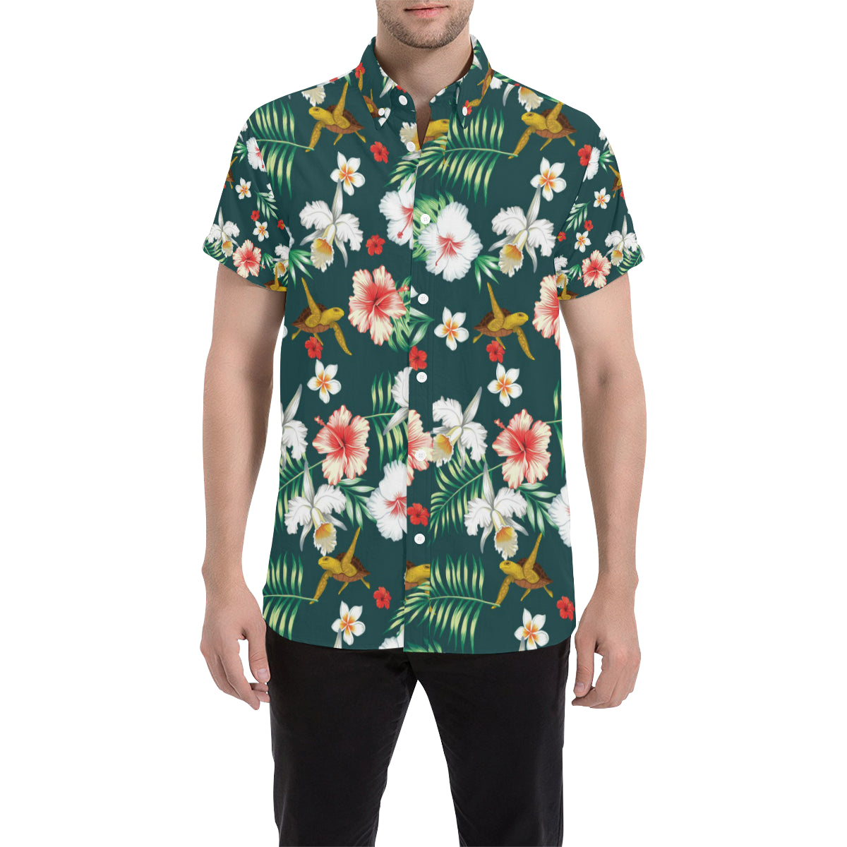 Hawaiian Flower Design with SeaTurtle Print Men's Short Sleeve Button Up Shirt