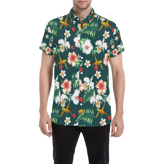 Hawaiian Flower Design with SeaTurtle Print Men's Short Sleeve Button Up Shirt