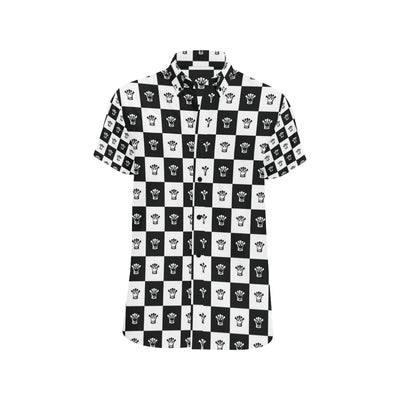 Checkered Flag Crown Pattern Men's Short Sleeve Button Up Shirt