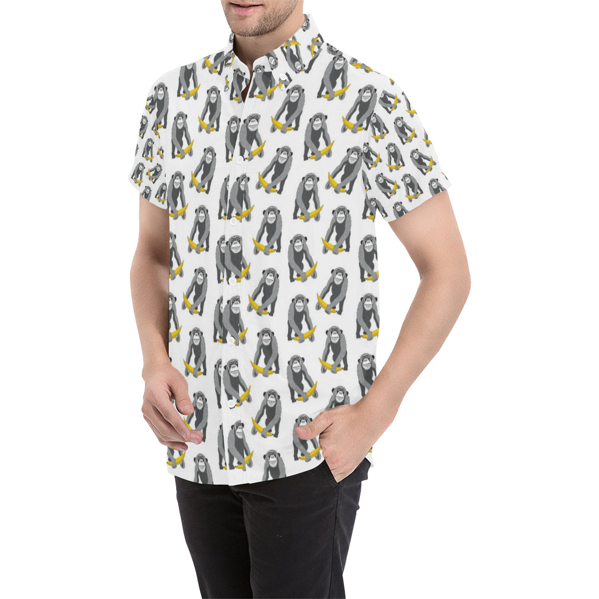 Chimpanzee Pattern Print Design 05 Men's Short Sleeve Button Up Shirt