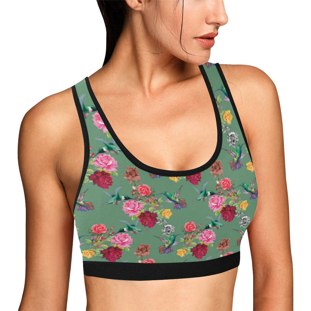 Hummingbird with Rose Themed Print Sports Bra