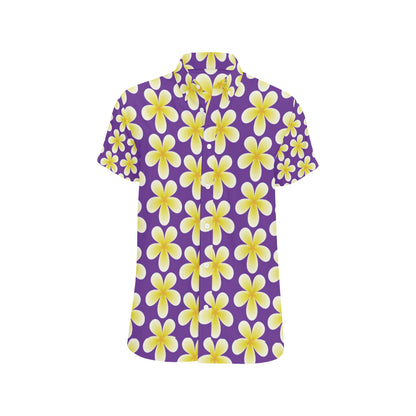 Yellow Plumeria Pattern Print Design PM05 Men's Short Sleeve Button Up Shirt
