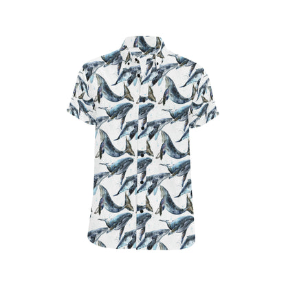 Blue Whale Pattern Print Design 03 Men's Short Sleeve Button Up Shirt