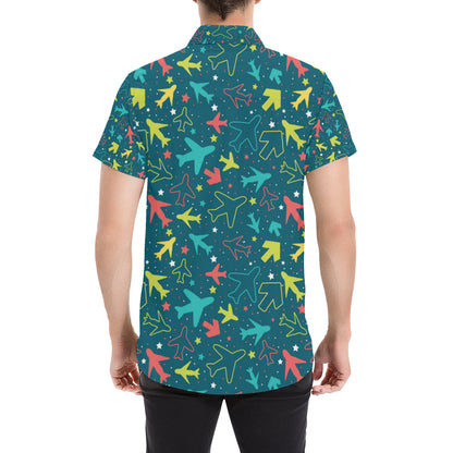 Airplane Pattern Print Design 05 Men's Short Sleeve Button Up Shirt