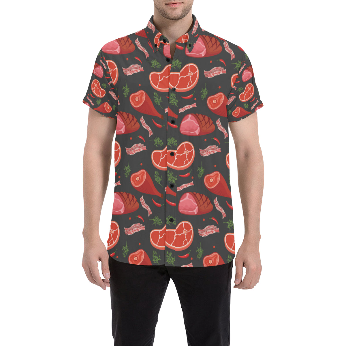 Meat Pattern Print Design 03 Men's Short Sleeve Button Up Shirt