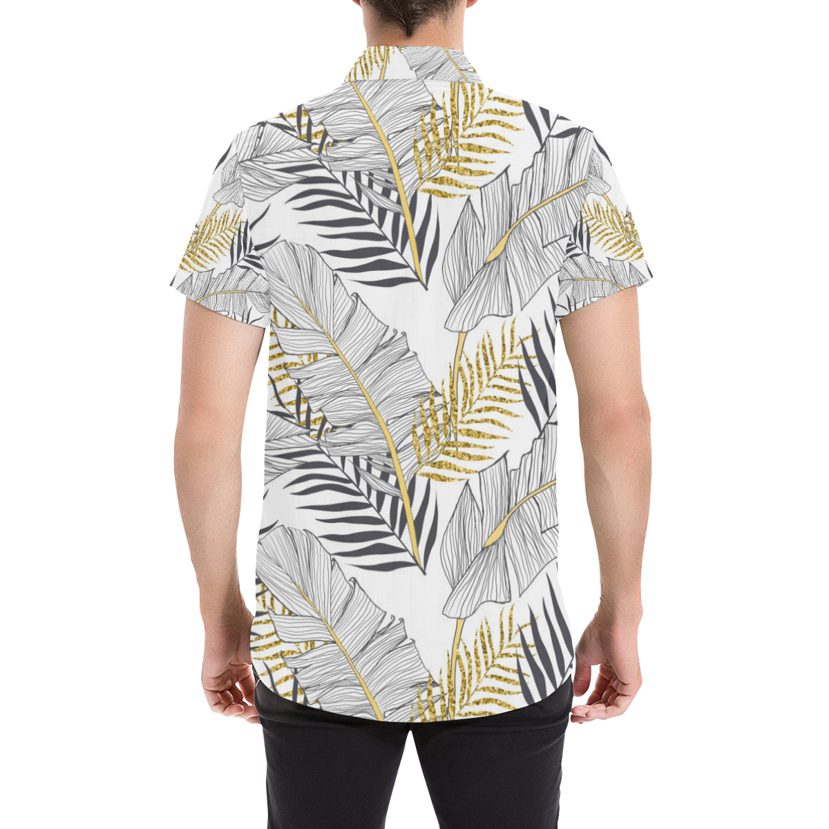 Gold Glitter Tropical Palm Leaves Men's Short Sleeve Button Up Shirt