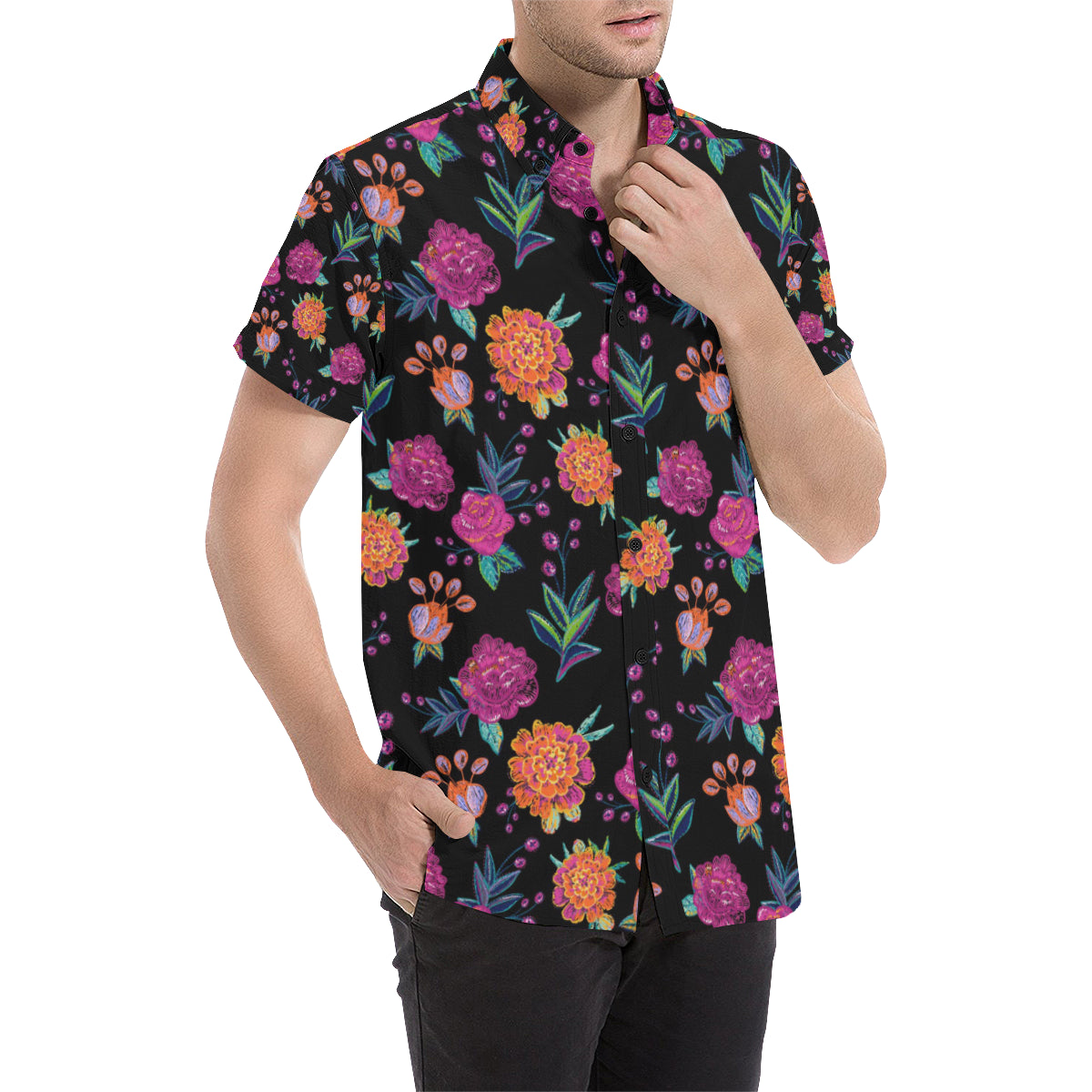 Marigold Pattern Print Design MR02 Men's Short Sleeve Button Up Shirt