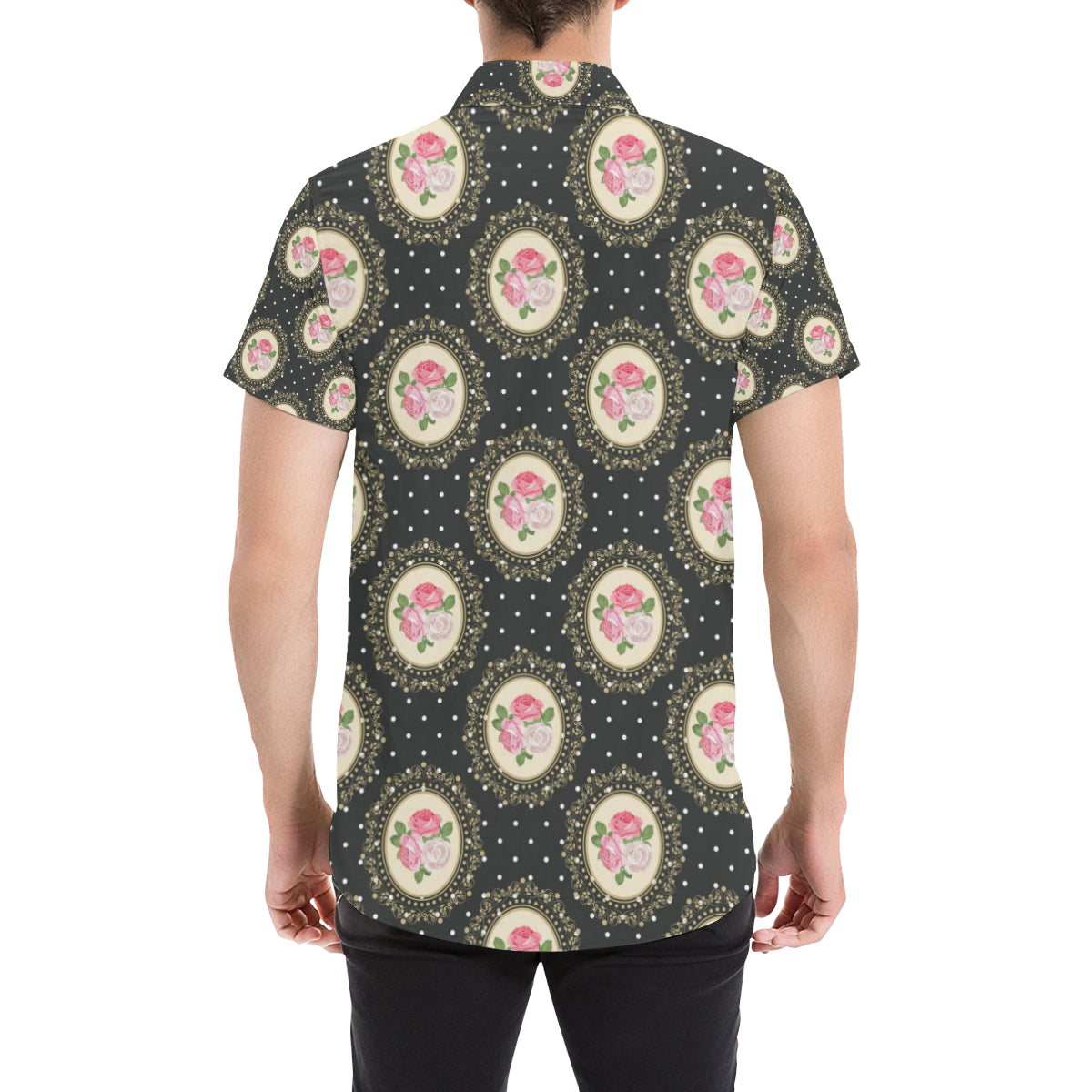 Rose Pattern Print Design RO015 Men's Short Sleeve Button Up Shirt