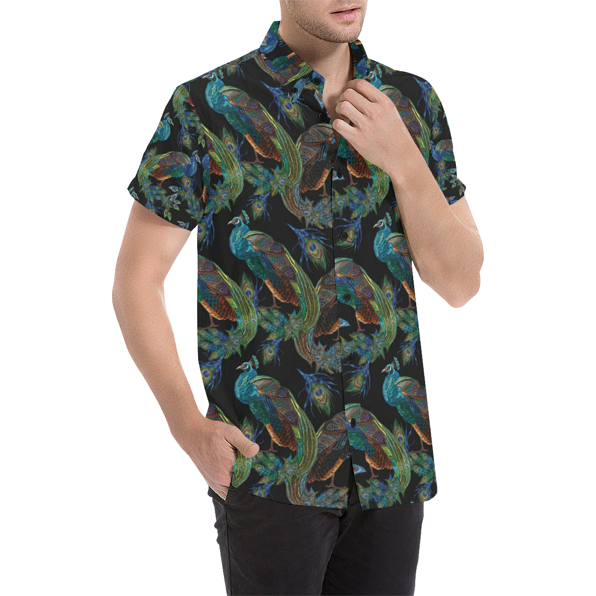 Peacock Pattern Print Design A04 Men's Short Sleeve Button Up Shirt