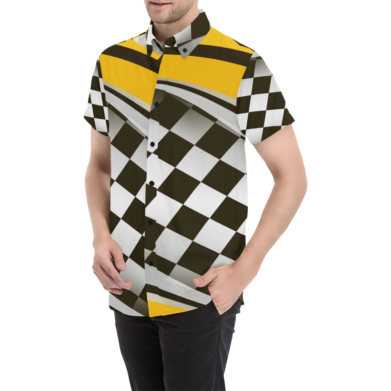 Checkered Flag Racing Style Men's Short Sleeve Button Up Shirt