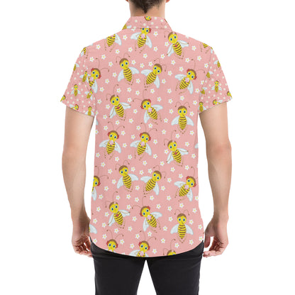Bee Pattern Print Design BEE07 Men's Short Sleeve Button Up Shirt