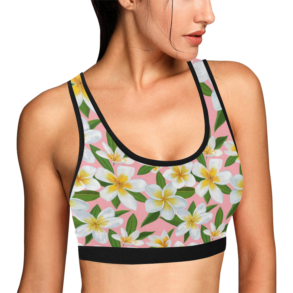 White Plumeria Pattern Print Design PM011 Sports Bra
