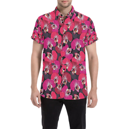 Orchid Red Pattern Print Design OR05 Men's Short Sleeve Button Up Shirt