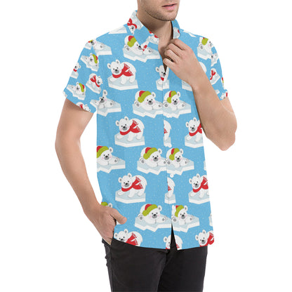 Polar Bear Pattern Print Design PB06 Men's Short Sleeve Button Up Shirt