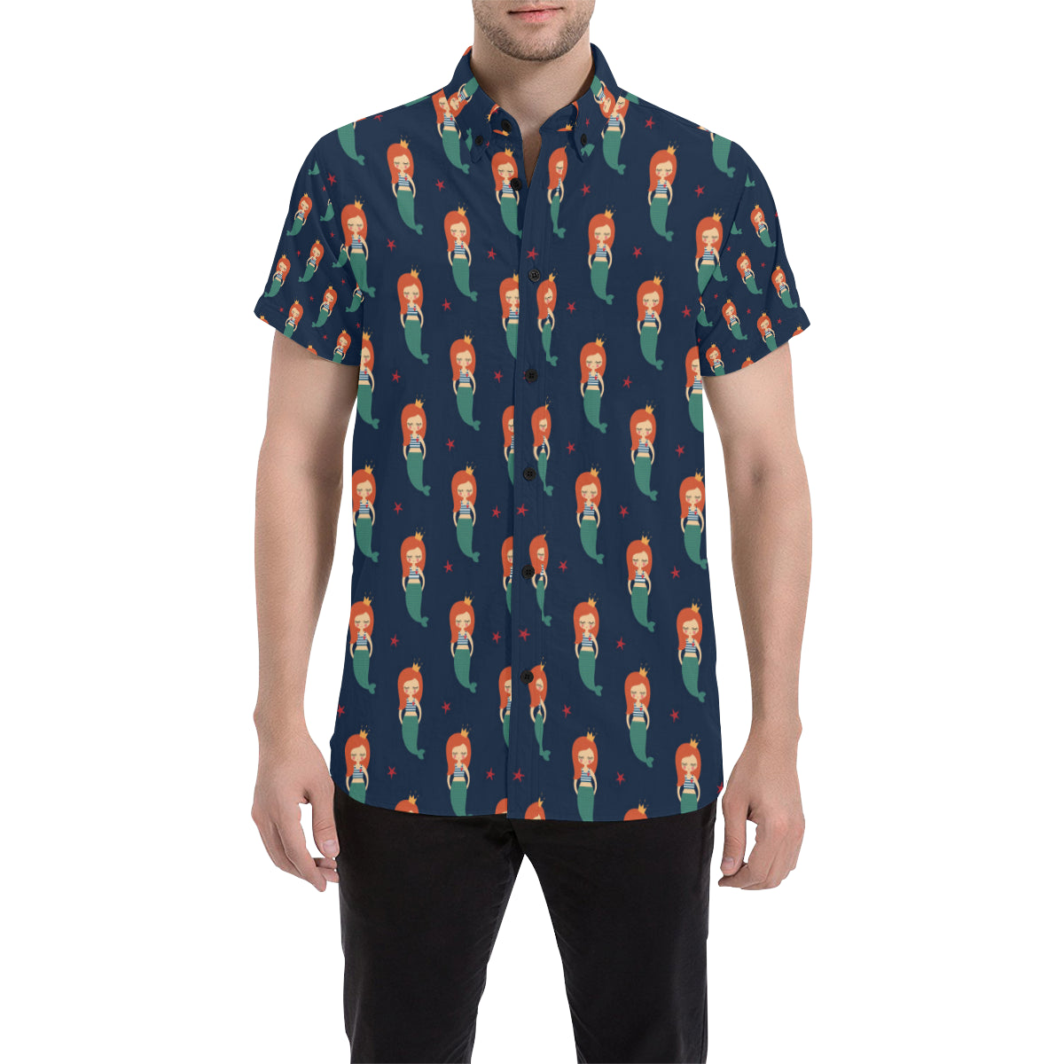 Mermaid Girl Pattern Print Design 01 Men's Short Sleeve Button Up Shirt