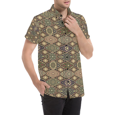 Mandala Motif Themed Design Print Men's Short Sleeve Button Up Shirt