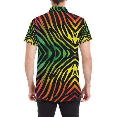 Rainbow Zebra Themed Print Men's Short Sleeve Button Up Shirt