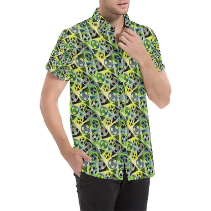 Soccer Ball Themed Print Pattern Men's Short Sleeve Button Up Shirt