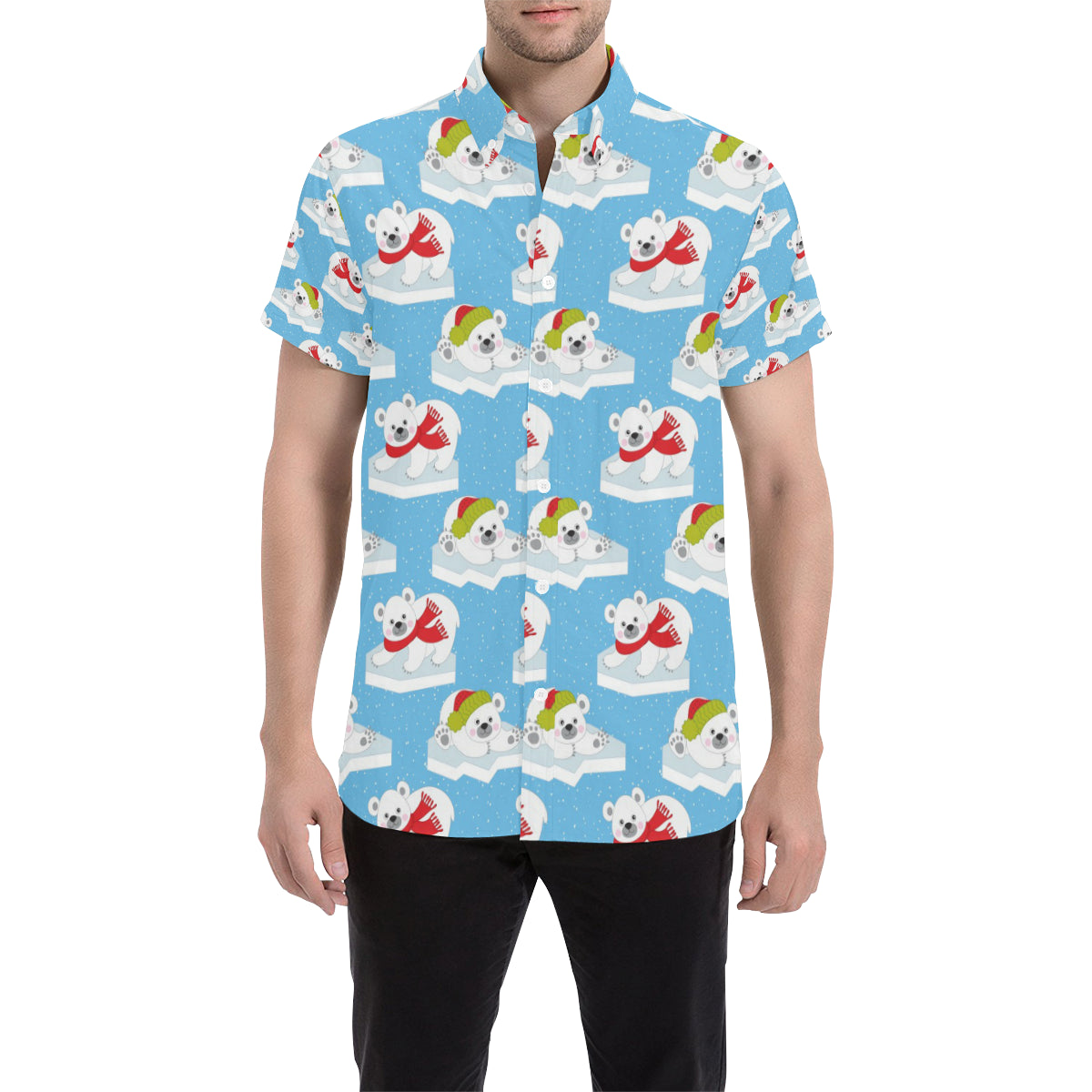 Polar Bear Pattern Print Design PB06 Men's Short Sleeve Button Up Shirt