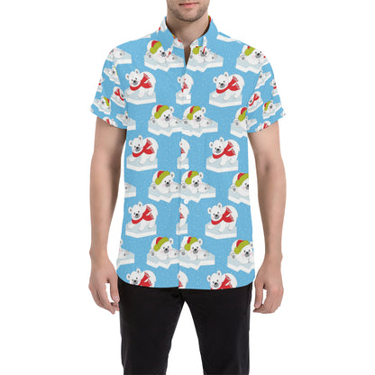 Polar Bear Pattern Print Design PB06 Men's Short Sleeve Button Up Shirt