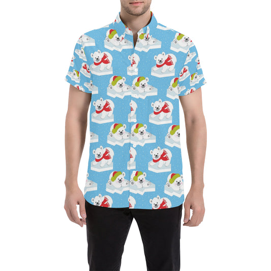 Polar Bear Pattern Print Design PB06 Men's Short Sleeve Button Up Shirt