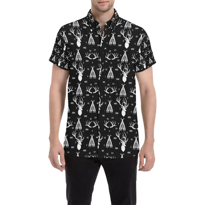 Deer Native Indian Print Pattern Men's Short Sleeve Button Up Shirt