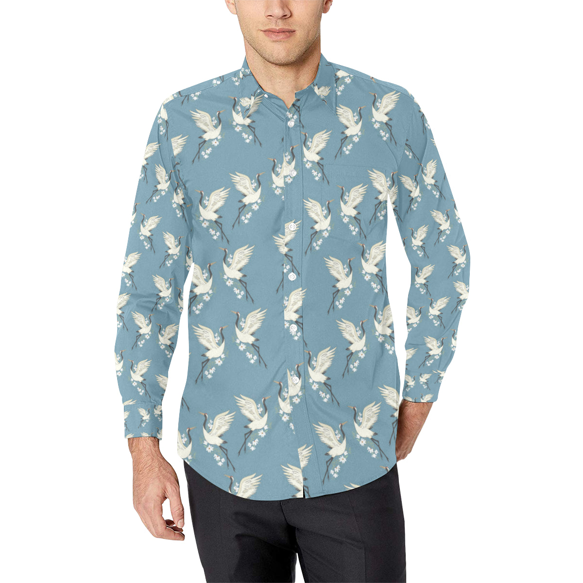 Crane Pattern Print Design 05 Men's Long Sleeve Shirt