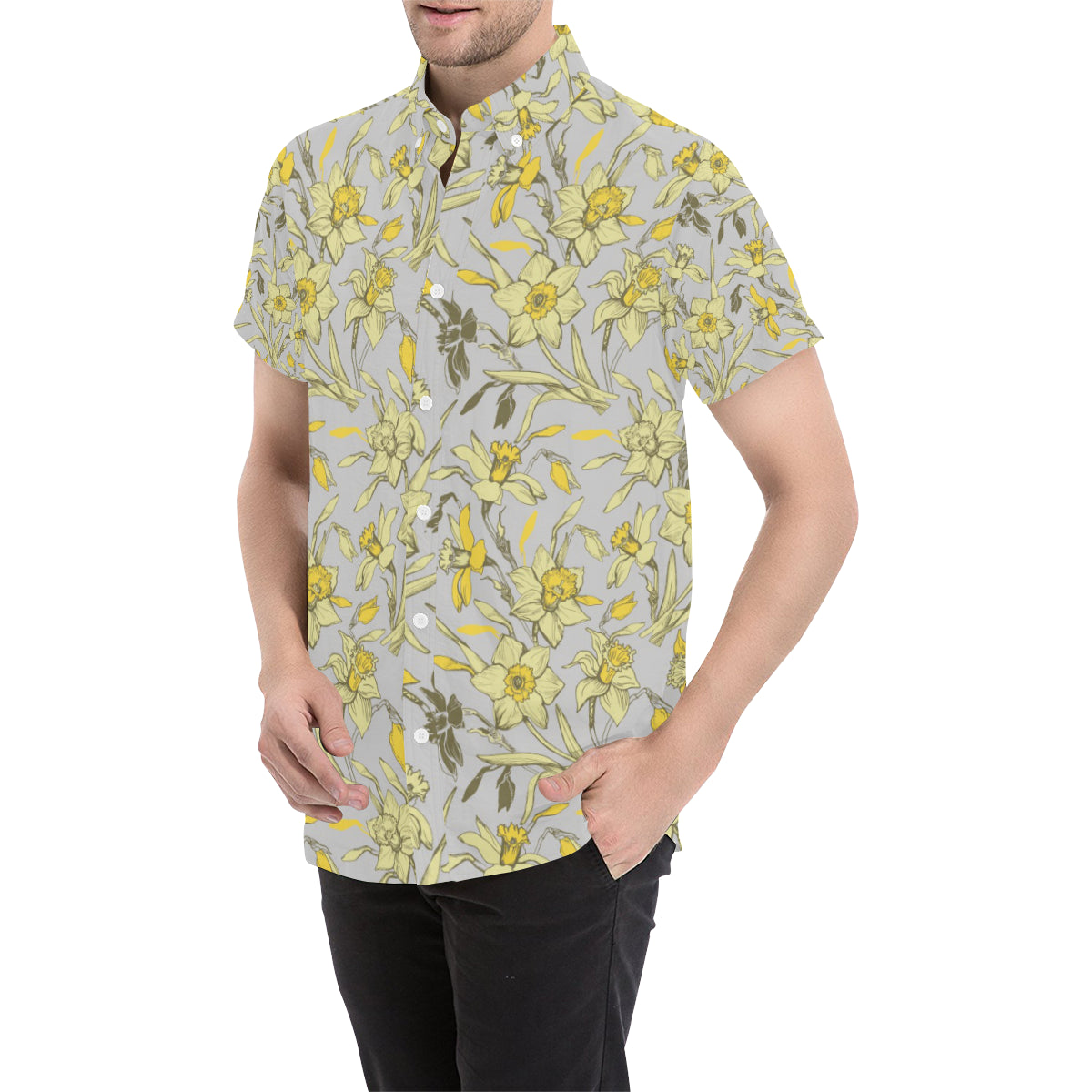 Daffodils Pattern Print Design DF05 Men's Short Sleeve Button Up Shirt