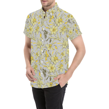 Daffodils Pattern Print Design DF05 Men's Short Sleeve Button Up Shirt