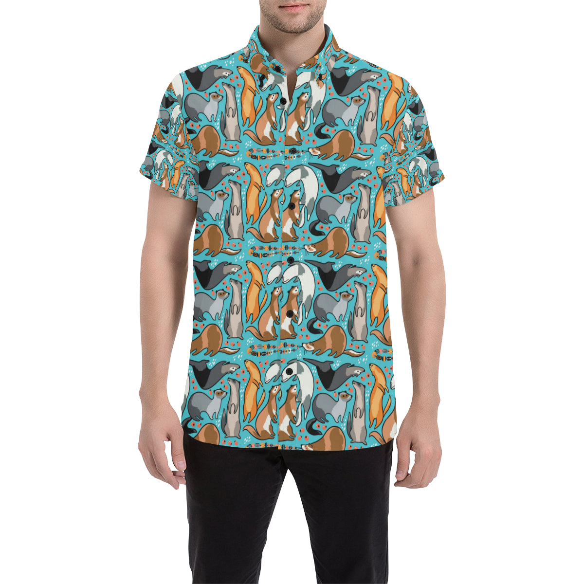 Ferret Pattern Print Design 03 Men's Short Sleeve Button Up Shirt