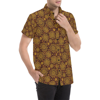 Gold Sunflower Hand Drawn Print Men's Short Sleeve Button Up Shirt