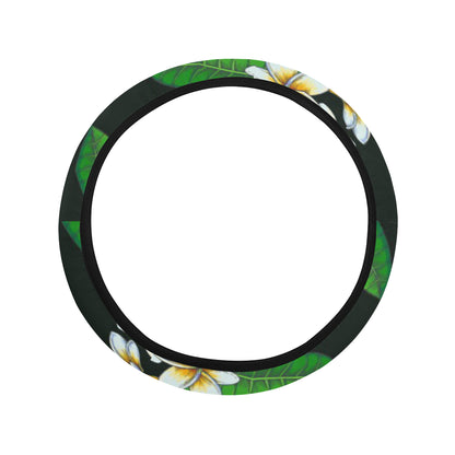 White Plumeria Pattern Print Design PM023 Steering Wheel Cover with Elastic Edge