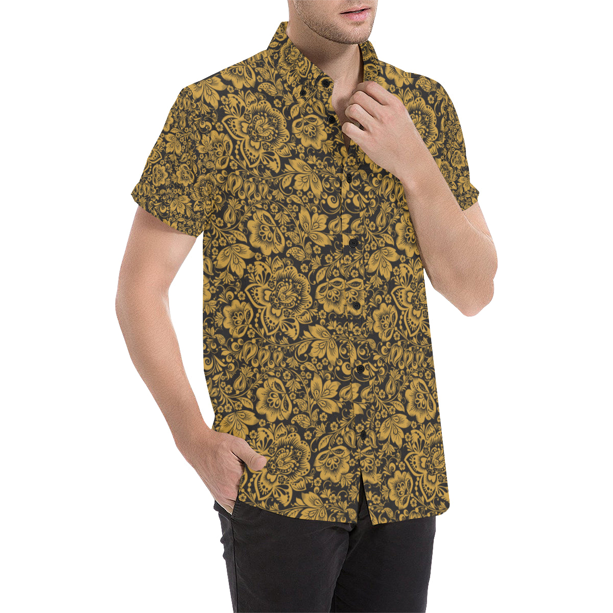 Brocade Gold Pattern Print Design 01 Men's Short Sleeve Button Up Shirt