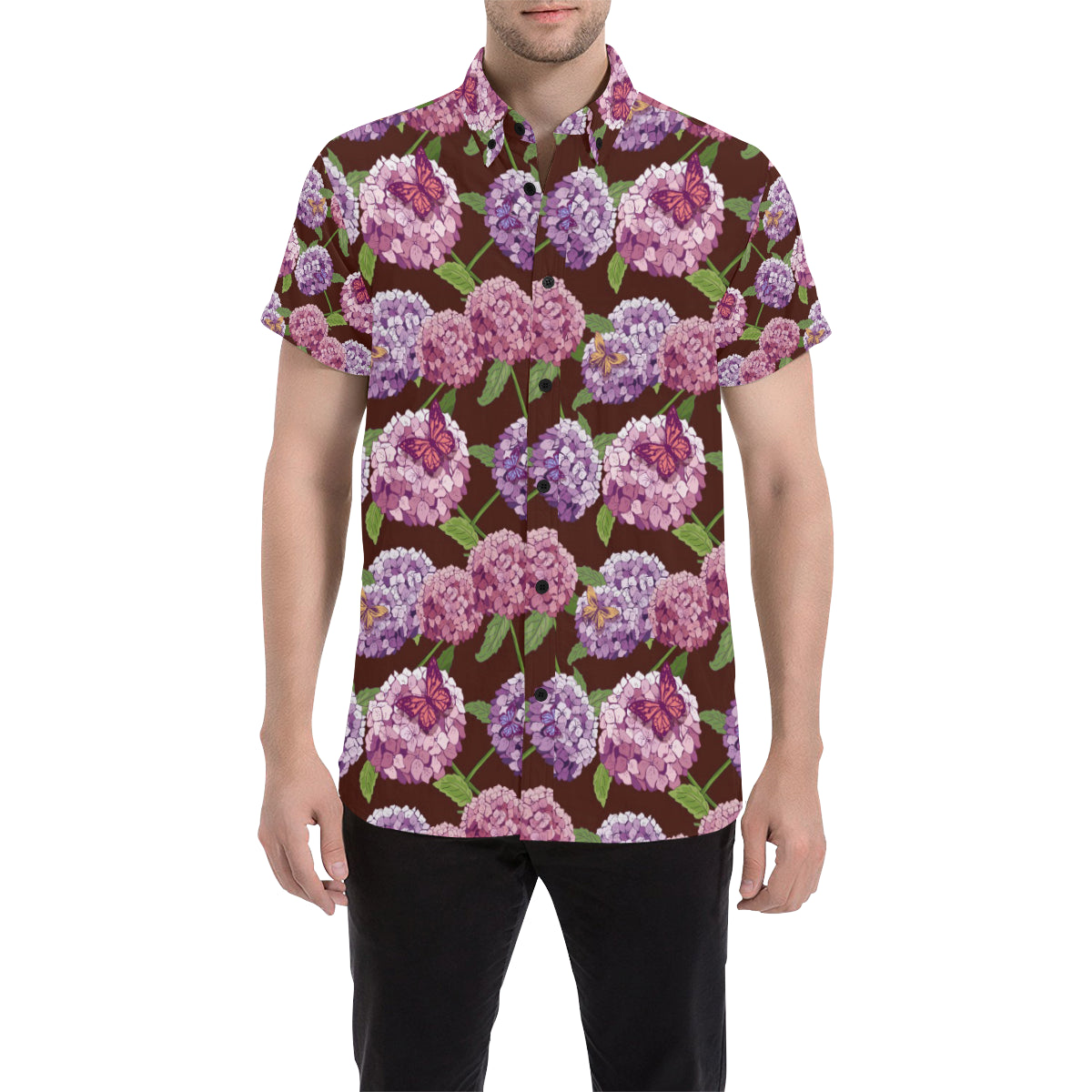 Hydrangea Pattern Print Design HD08 Men's Short Sleeve Button Up Shirt