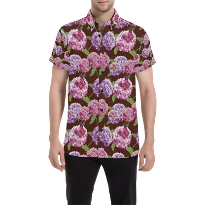 Hydrangea Pattern Print Design HD08 Men's Short Sleeve Button Up Shirt