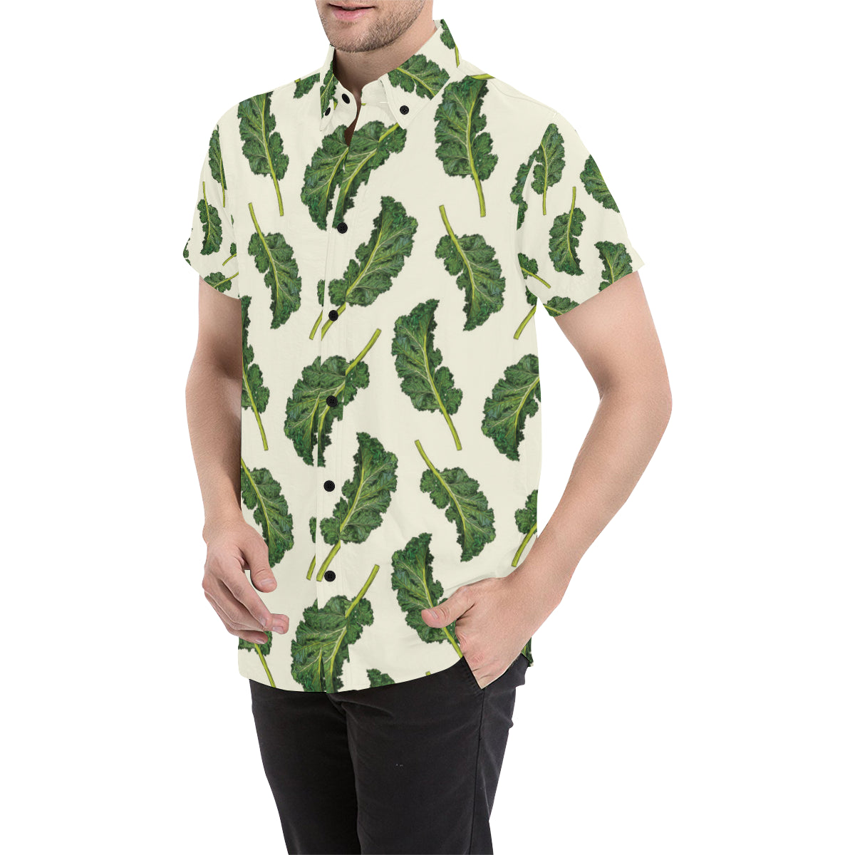 Kale Pattern Print Design 03 Men's Short Sleeve Button Up Shirt