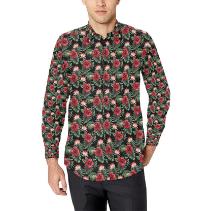 Flower Hawaiian Red Hibiscus Design Print Men's Long Sleeve Shirt