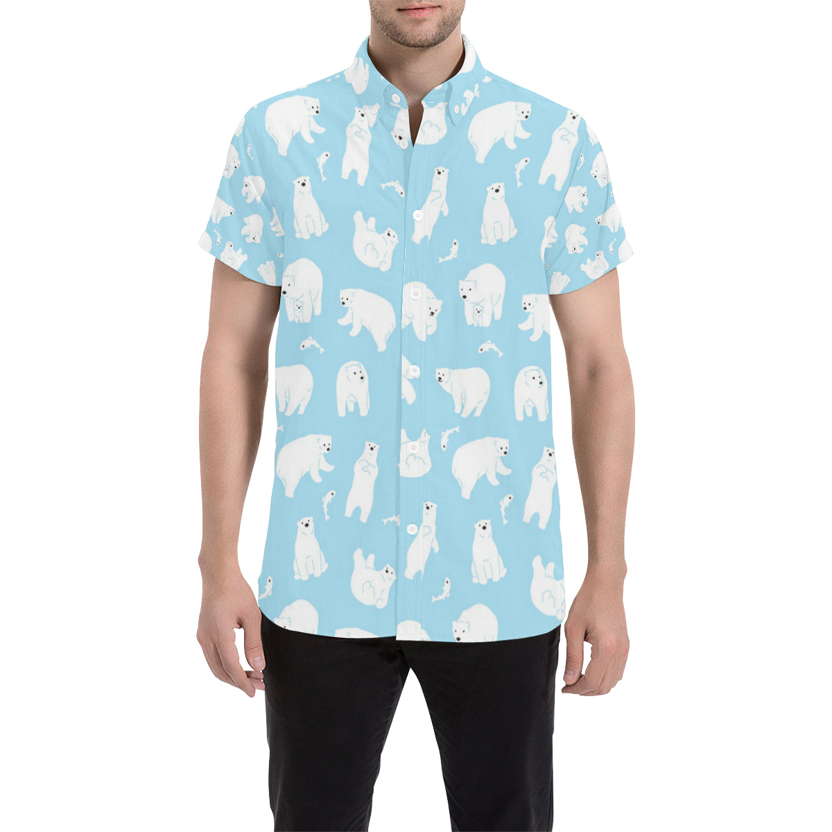 Polar Bear Pattern Print Design PB01 Men's Short Sleeve Button Up Shirt