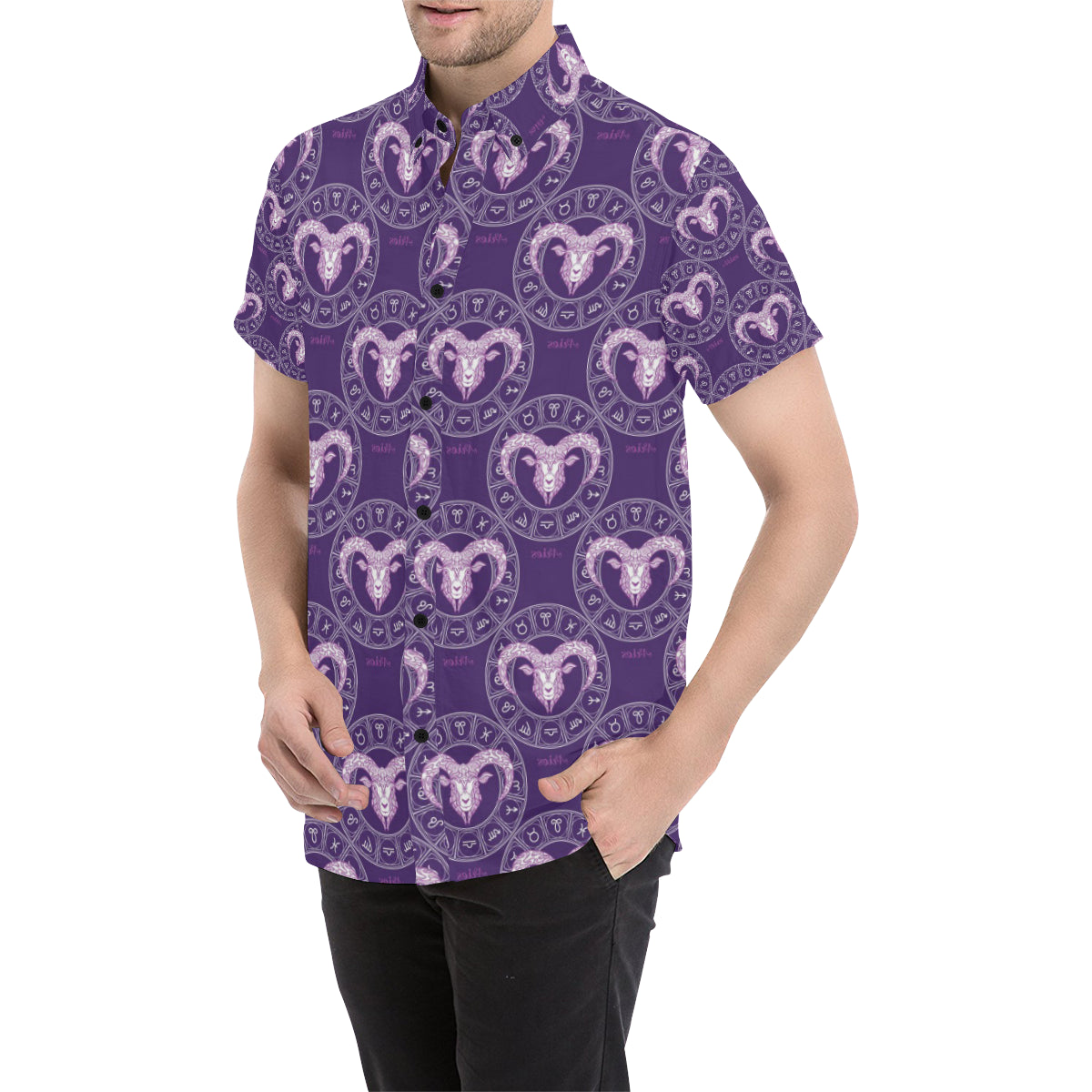 Aries Zodiac Pattern Print Design 02 Men's Short Sleeve Button Up Shirt