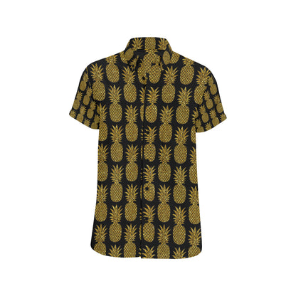 Gold Pineapple Pattern Print Design PP011 Men's Short Sleeve Button Up Shirt