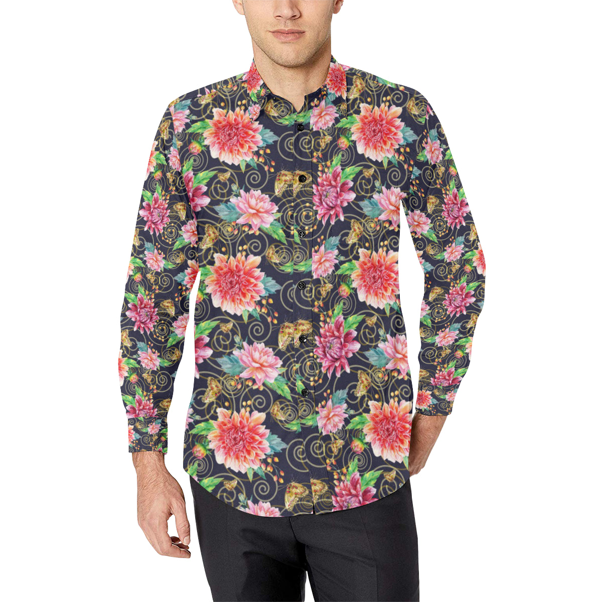 Dahlia Pattern Print Design DH02 Men's Long Sleeve Shirt