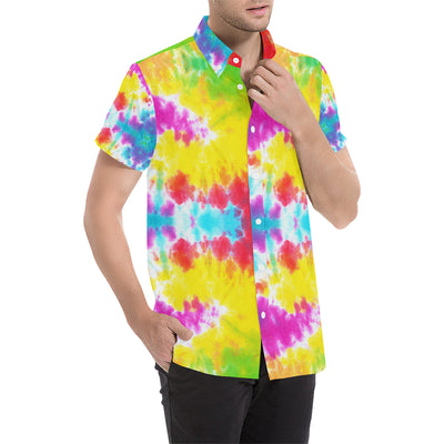 Tie Dye Rainbow Themed Print Men's Short Sleeve Button Up Shirt